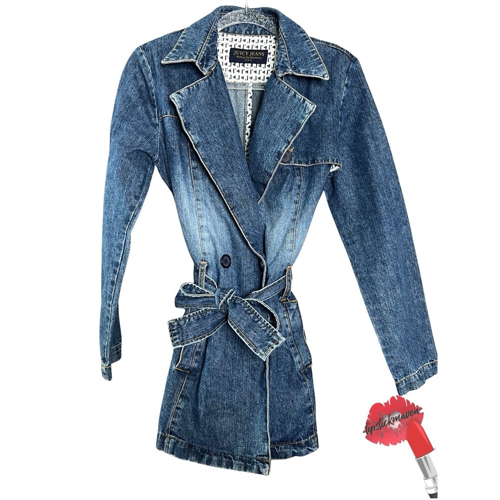 Vintage Juicy Couture Trench Coat Womens Large Denim Double Breasted Y2K
